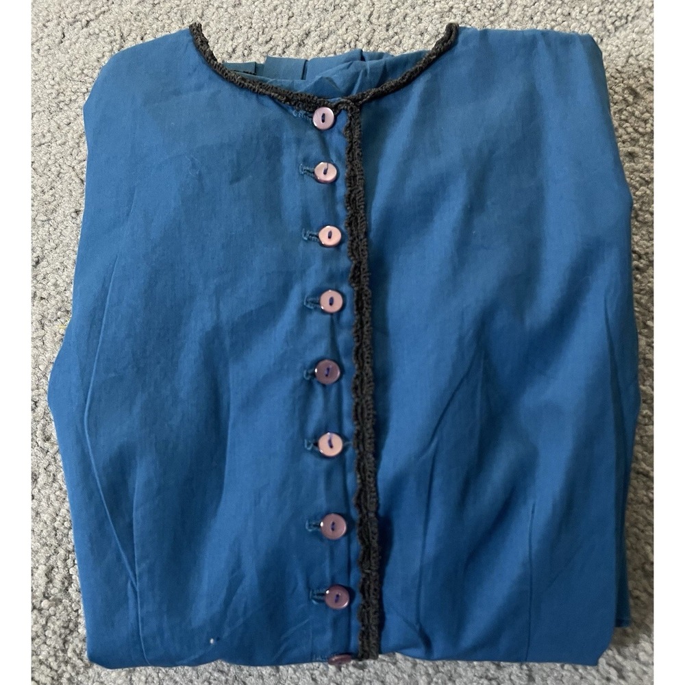 60s 70s Handmade Pleated A-Line Dress Sz 6 Teal Blue Black Trim Buttons Classic - Picture 10 of 10